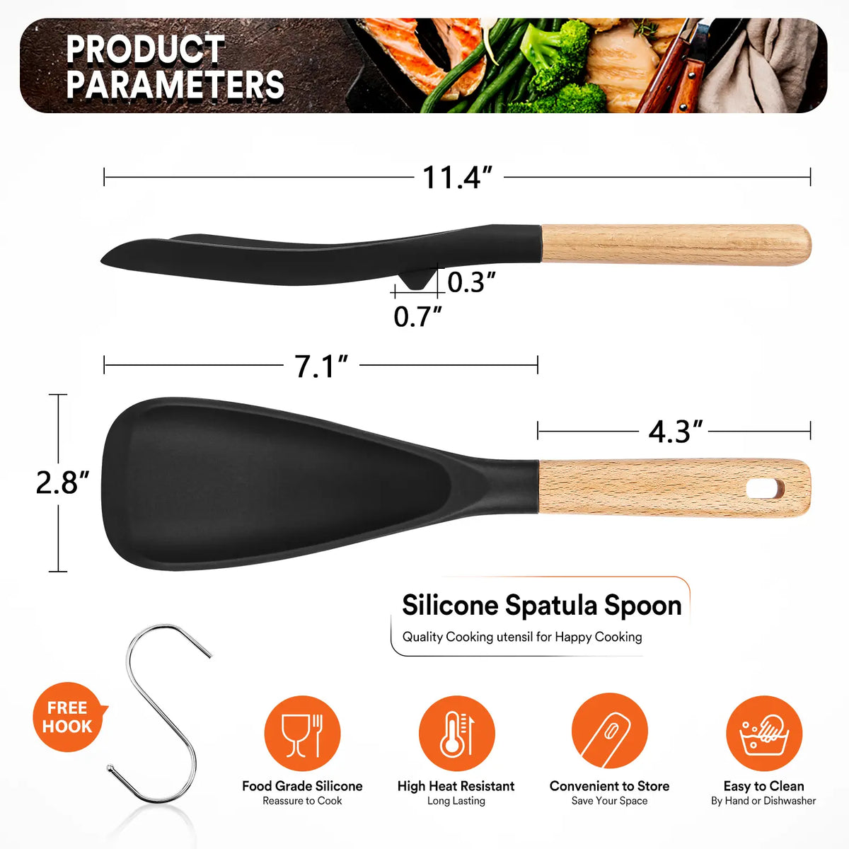 Cooking Spoon for Nonstick Cookwares, Great for Cooking and Serving Durable Bpa-Free Matte Silicone, Wood Handle Spoon for Mixing, Scoop, and Scrape