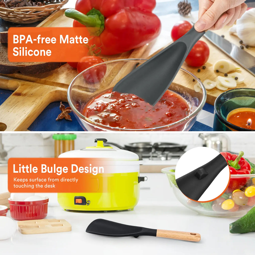 Cooking Spoon for Nonstick Cookwares, Great for Cooking and Serving Durable Bpa-Free Matte Silicone, Wood Handle Spoon for Mixing, Scoop, and Scrape