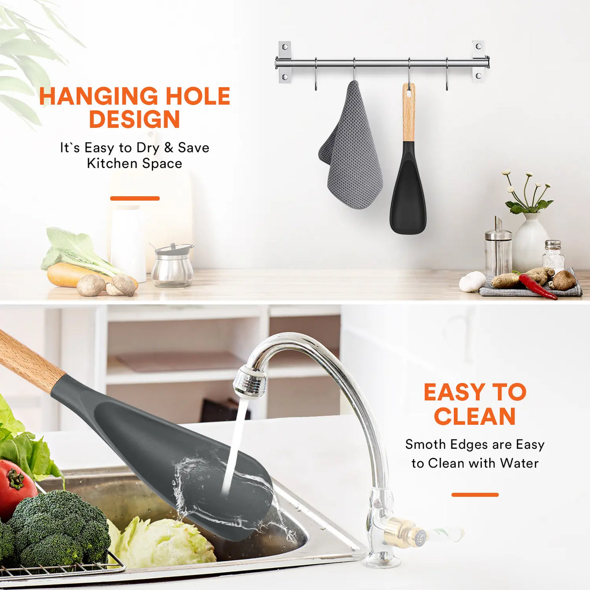Cooking Spoon for Nonstick Cookwares, Great for Cooking and Serving Durable Bpa-Free Matte Silicone, Wood Handle Spoon for Mixing, Scoop, and Scrape