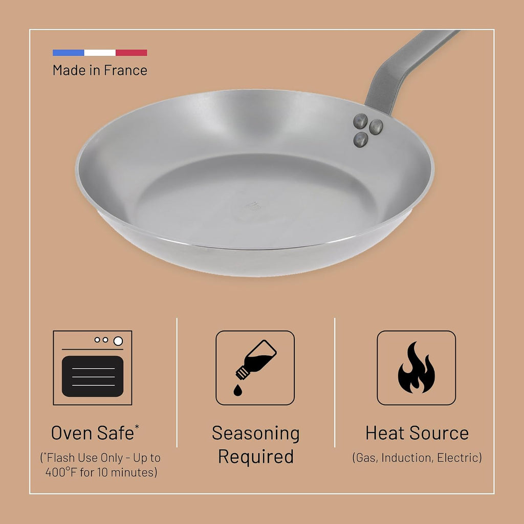 MINERAL B Carbon Steel Fry Pan - 10.25” Diameter, 7.3” Cooking Surface - Ideal for Searing, Sauteing & Reheating - Naturally Non-Stick Finish - Made in France