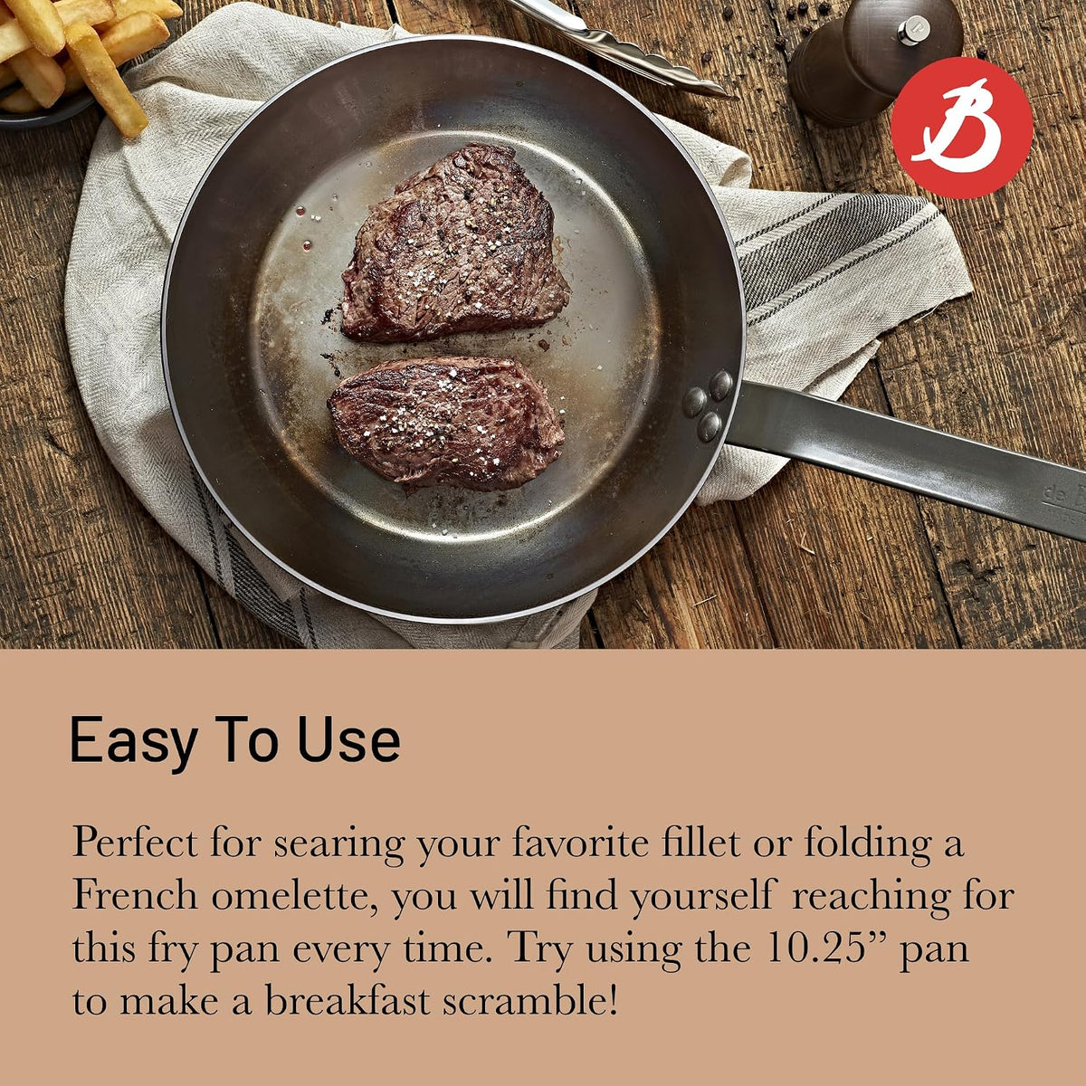 MINERAL B Carbon Steel Fry Pan - 10.25” Diameter, 7.3” Cooking Surface - Ideal for Searing, Sauteing & Reheating - Naturally Non-Stick Finish - Made in France